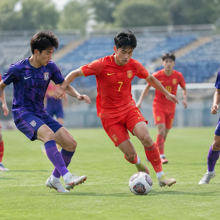 U19国足与天津津门虎进行热身赛的比赛画面