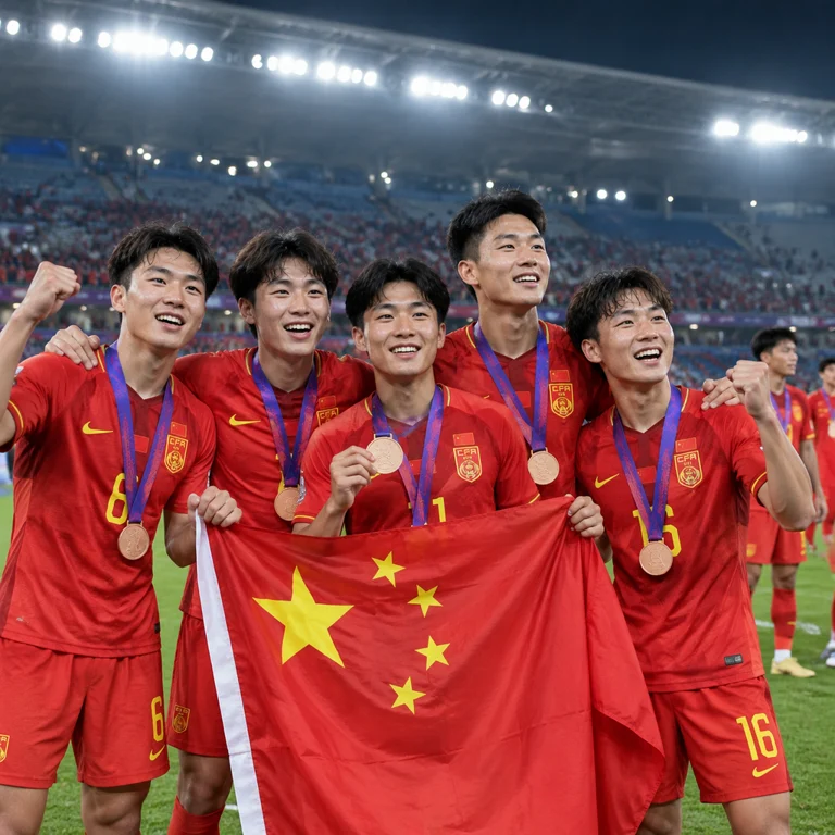 U23国足队员赛后庆祝获得亚运铜牌的体育新闻场景